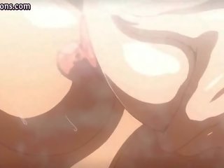 Two busty anime babes licking cock