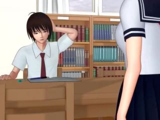 Lusty hentai schoolgirl fucks big dildo in library